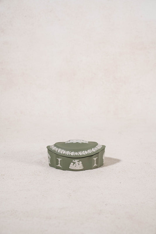 Wedgwood Sage Green Jasperware Lidded Scalloped Oval Dish