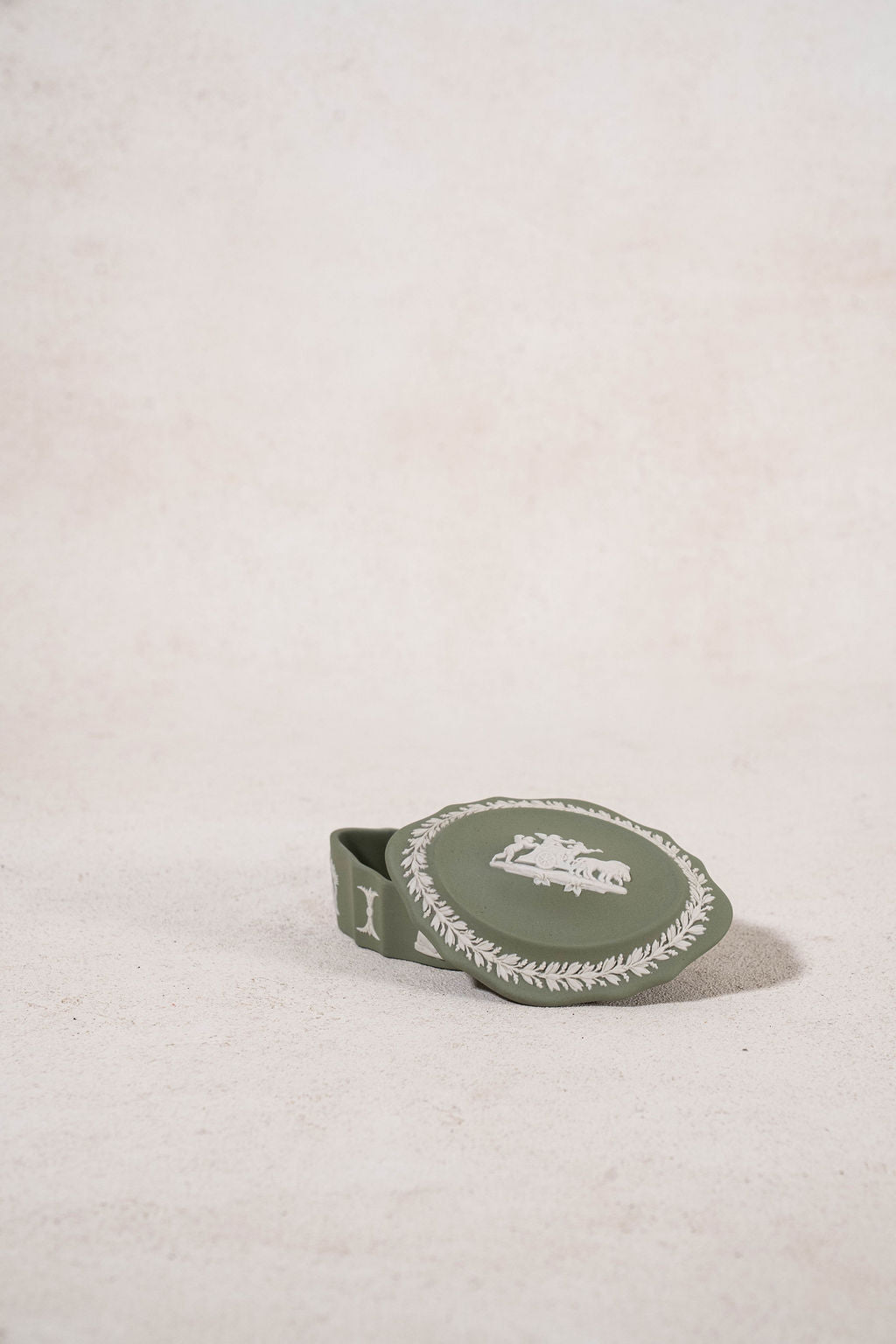 Wedgwood Sage Green Jasperware Lidded Scalloped Oval Dish