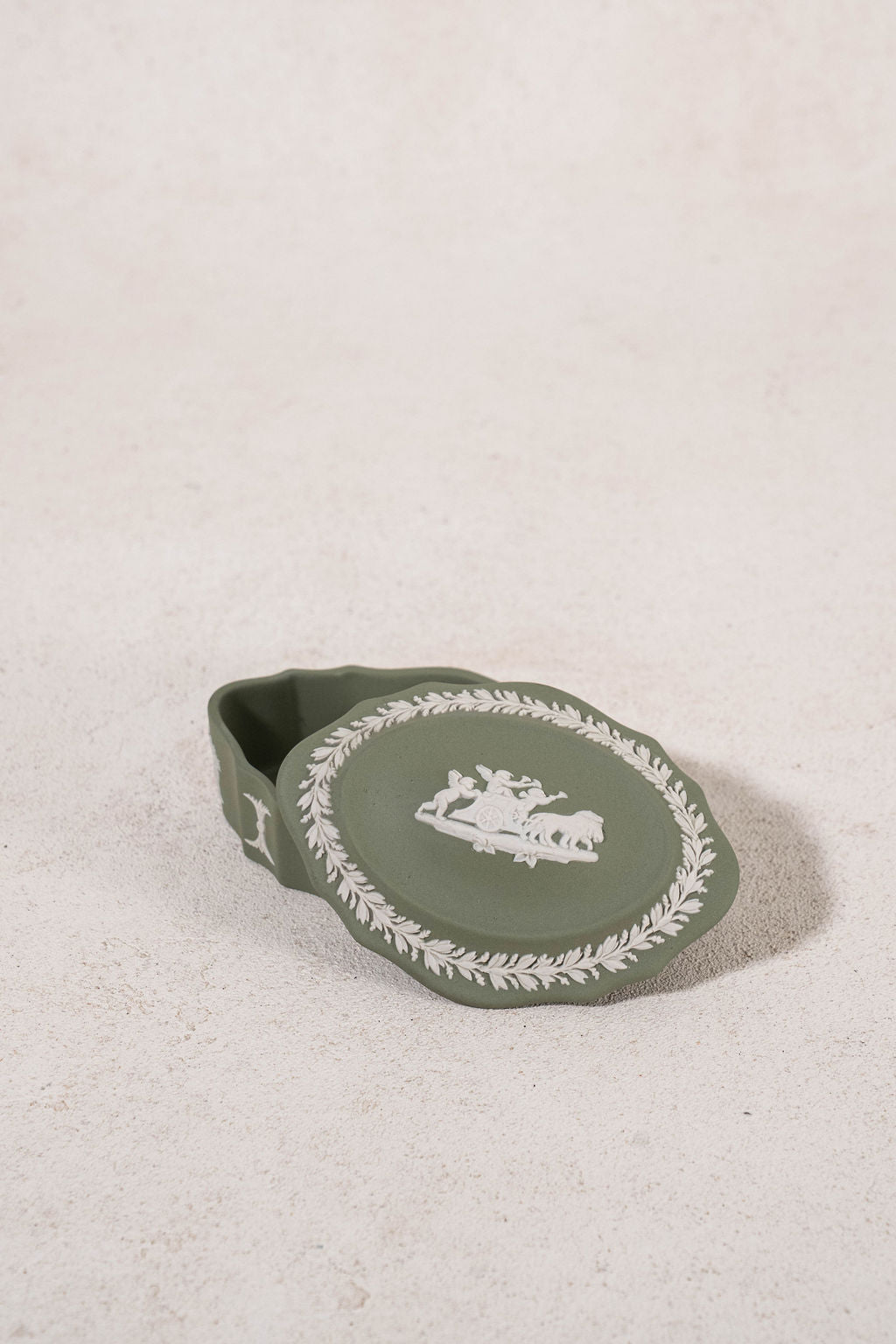 Wedgwood Sage Green Jasperware Lidded Scalloped Oval Dish