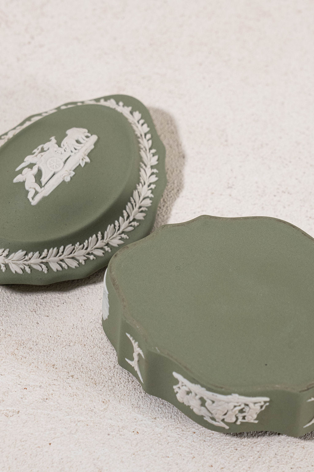 Wedgwood Sage Green Jasperware Lidded Scalloped Oval Dish