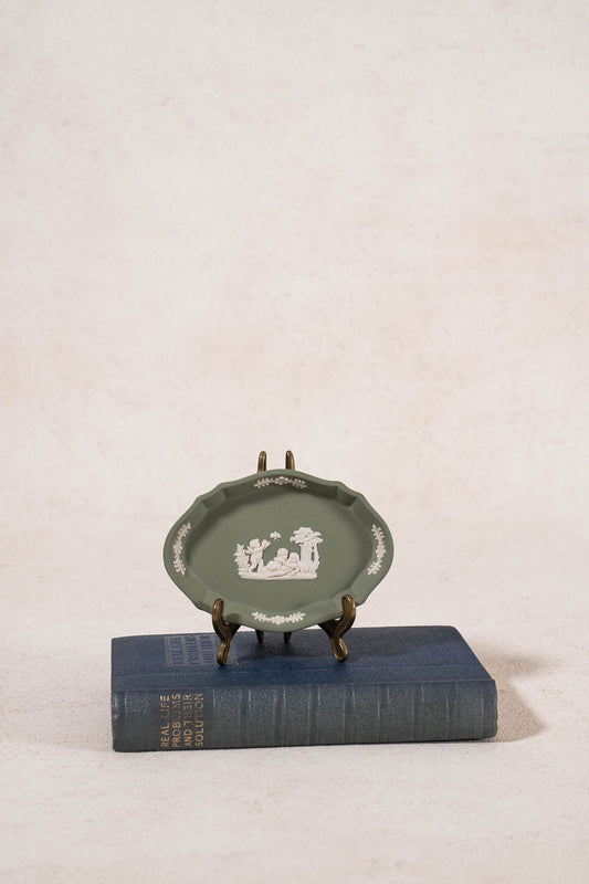Wedgwood Sage Green Jasperware Scallop Oval Trinket Dish