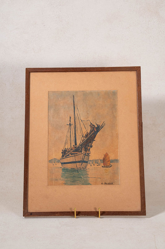 Original Watercolor of Ship | Signed C. Jackson