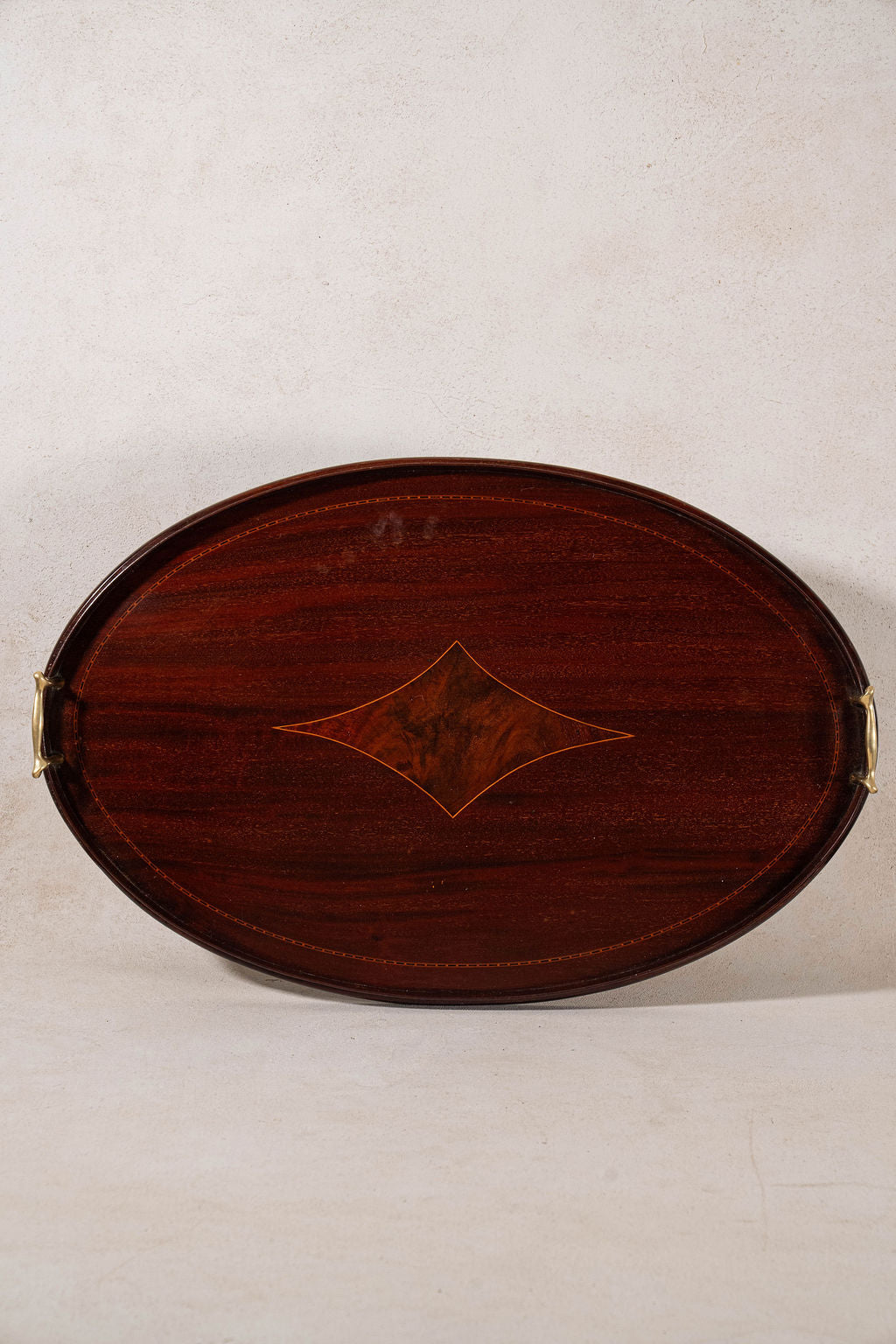 Edwardian Mahogany Diamond Inlay Tray w/ Brass Handles