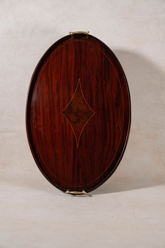Edwardian Mahogany Diamond Inlay Tray w/ Brass Handles
