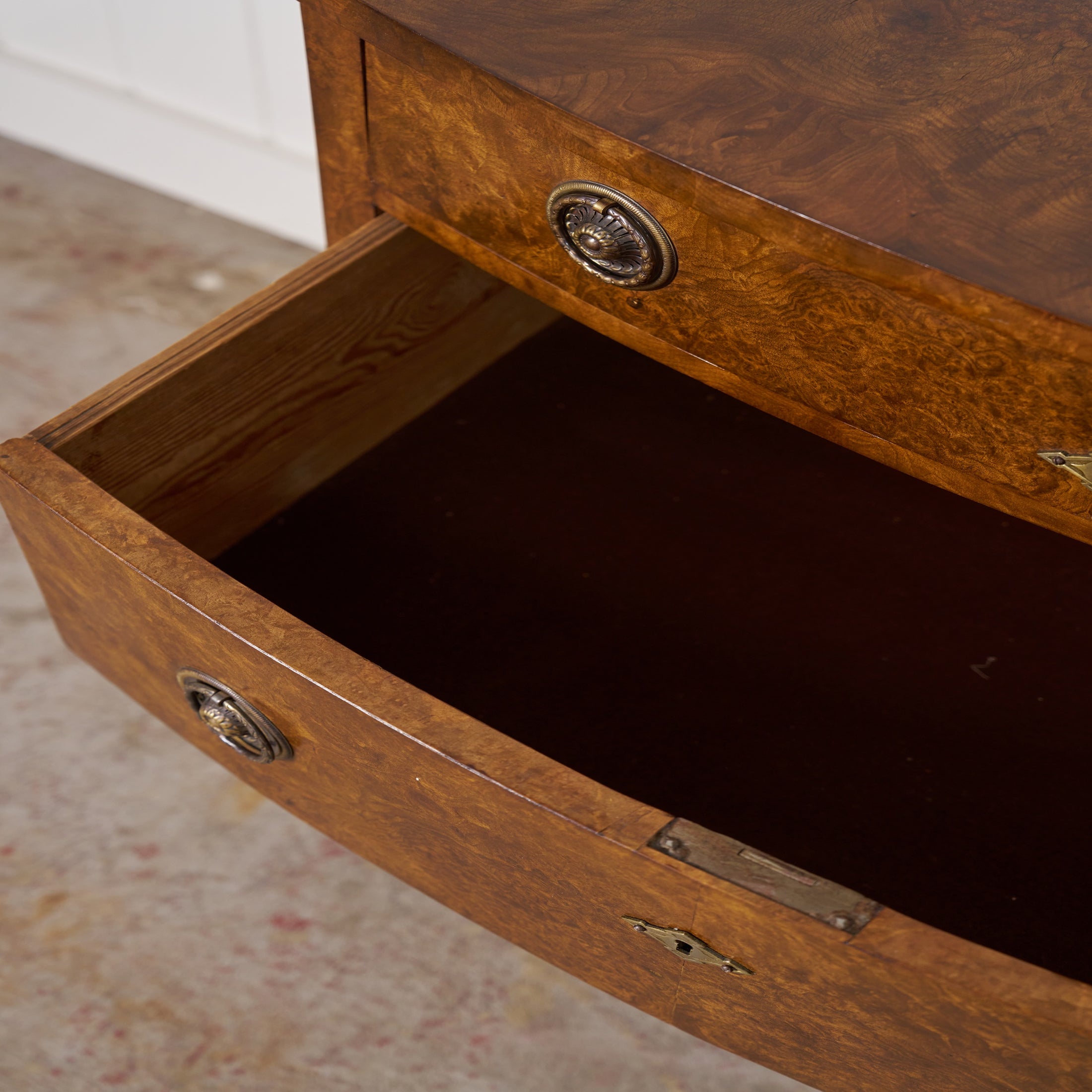 19th Century English Burl Walnut 3-Drawer Chest with Ring Pulls