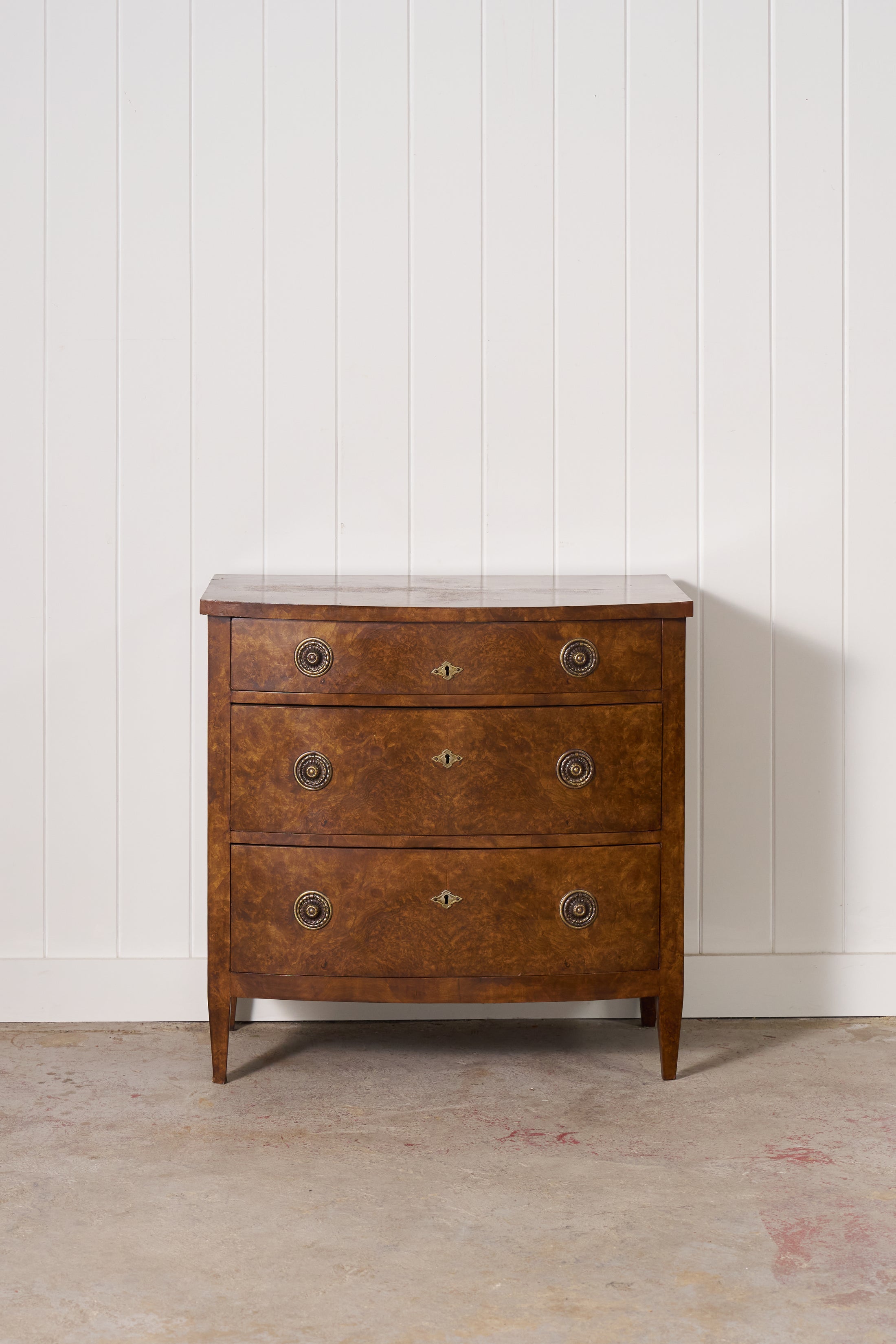 19th Century English Burl Walnut 3-Drawer Chest with Ring Pulls