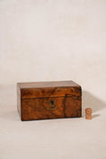 Load image into Gallery viewer, Antique Burl Sewing Box with Brass Plaque + Blue Painted Interior
