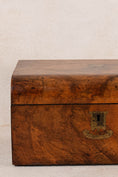 Load image into Gallery viewer, Antique Burl Sewing Box with Brass Plaque + Blue Painted Interior
