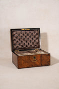 Load image into Gallery viewer, Antique Burl Sewing Box with Brass Plaque + Blue Painted Interior
