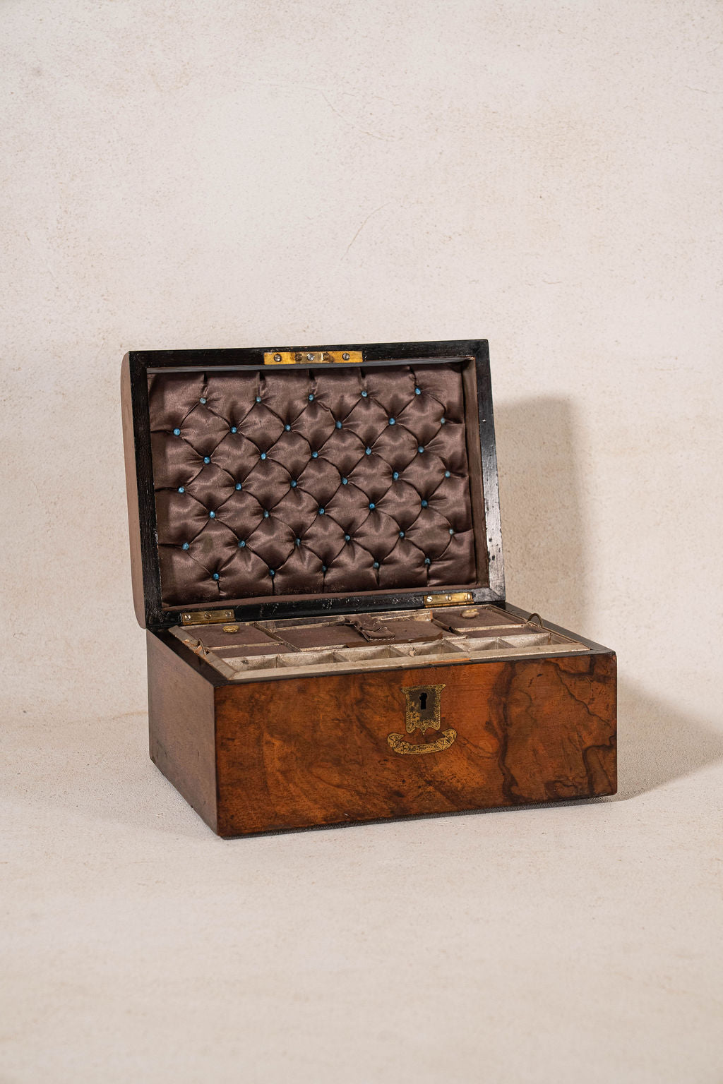 Antique Burl Sewing Box with Brass Plaque + Blue Painted Interior
