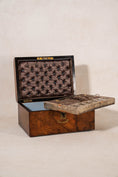 Load image into Gallery viewer, Antique Burl Sewing Box with Brass Plaque + Blue Painted Interior
