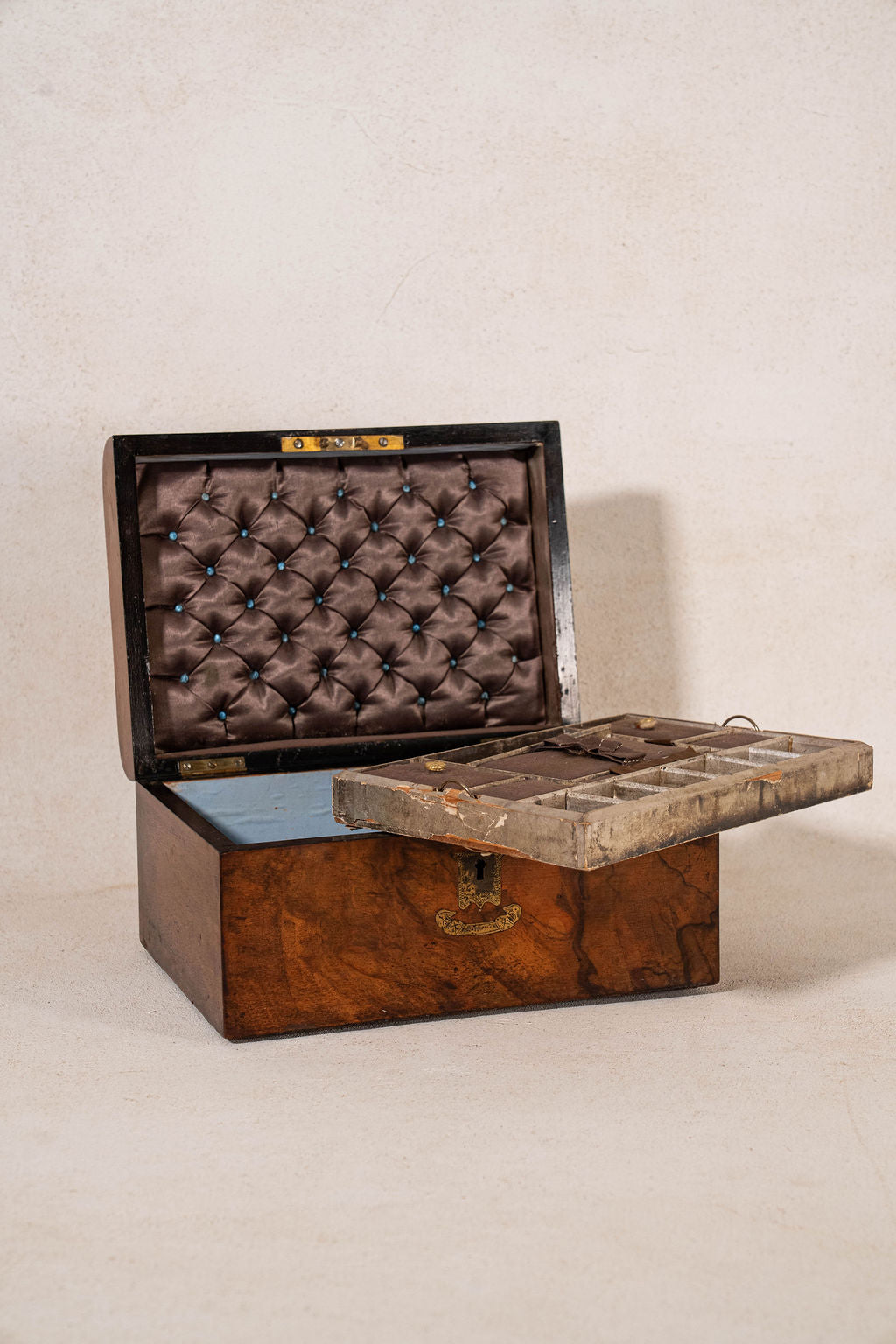 Antique Burl Sewing Box with Brass Plaque + Blue Painted Interior