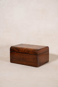 Load image into Gallery viewer, Antique Burl Sewing Box with Brass Plaque + Blue Painted Interior
