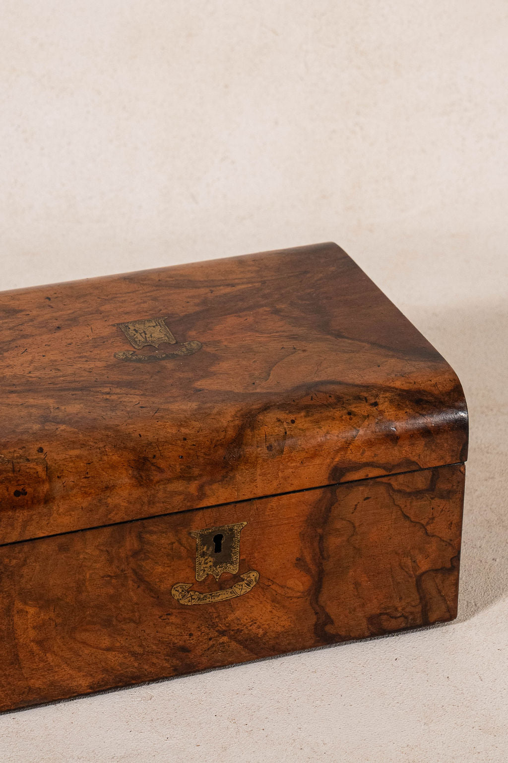 Antique Burl Sewing Box with Brass Plaque + Blue Painted Interior