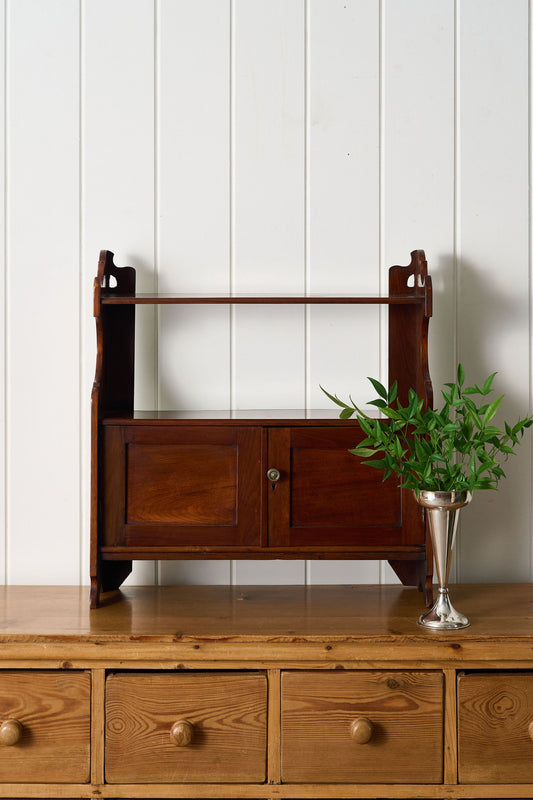 Wall Hanging English Mahogany Two-Tier Shelf with Cupboard