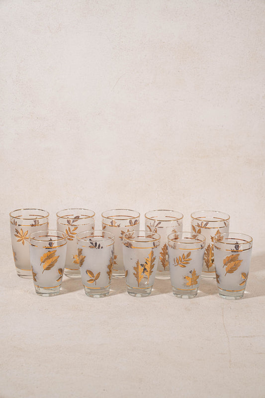 SET of 10 | Vintage Libbey Gold Leaf Frosted Glasses
