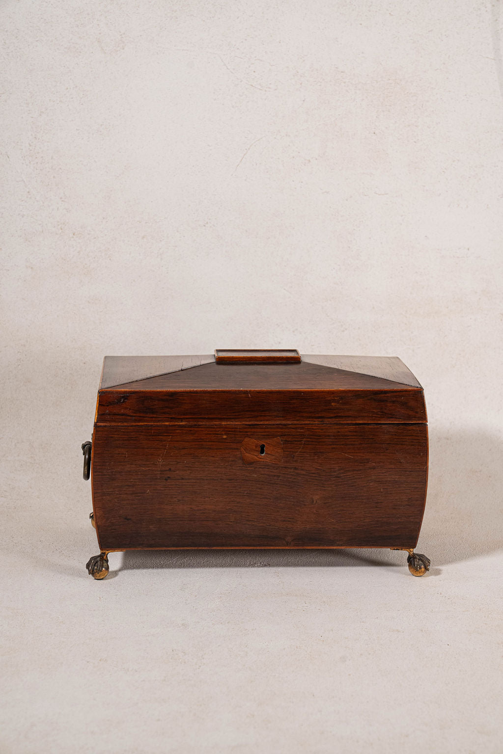 Georgian Rosewood Tea Caddy With Brass Handles + Brass Claw Feet | Original Fittings + Green Interior