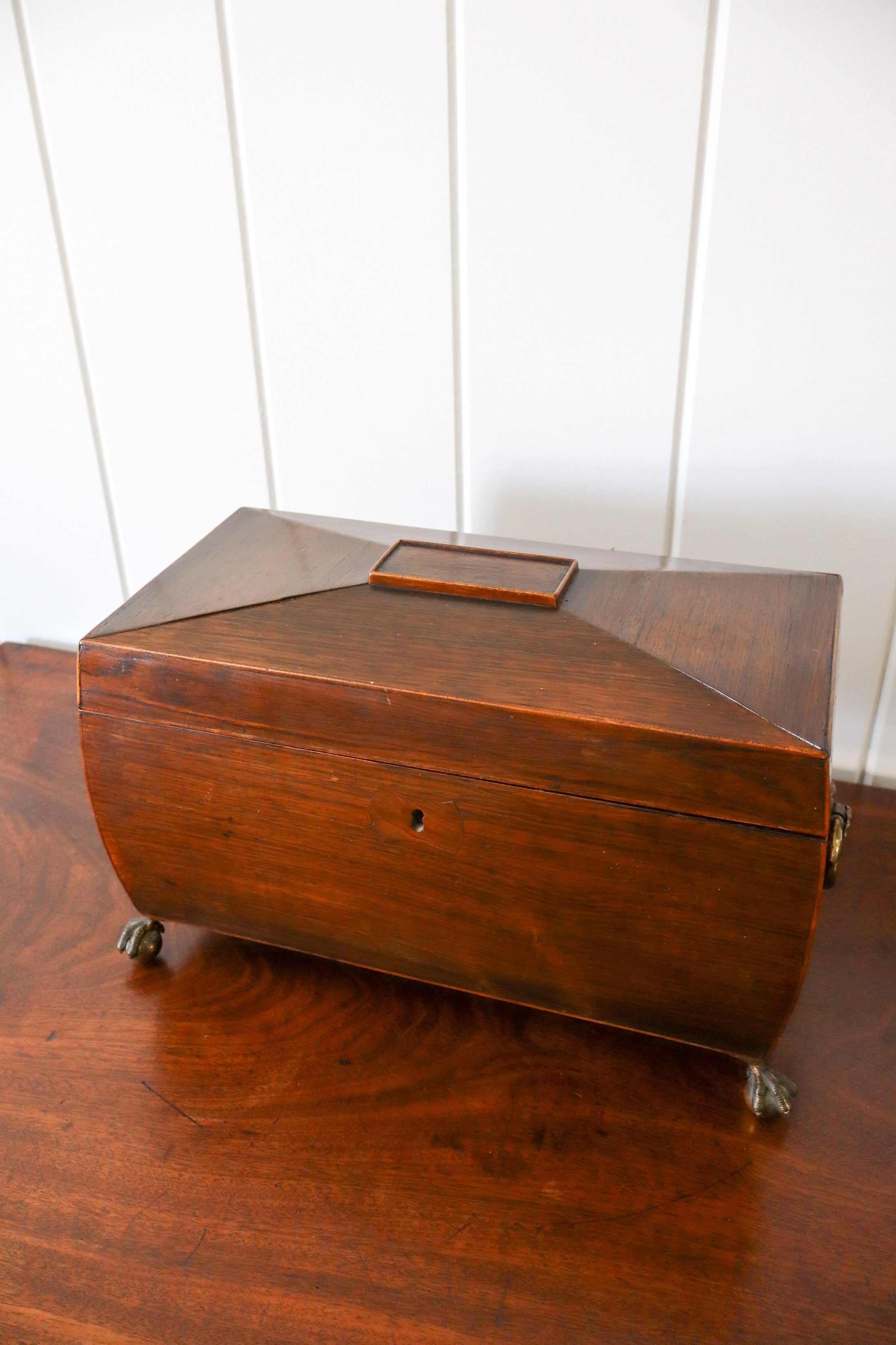 Georgian Rosewood Tea Caddy With Brass Handles + Brass Claw Feet | Original Fittings + Green Interior