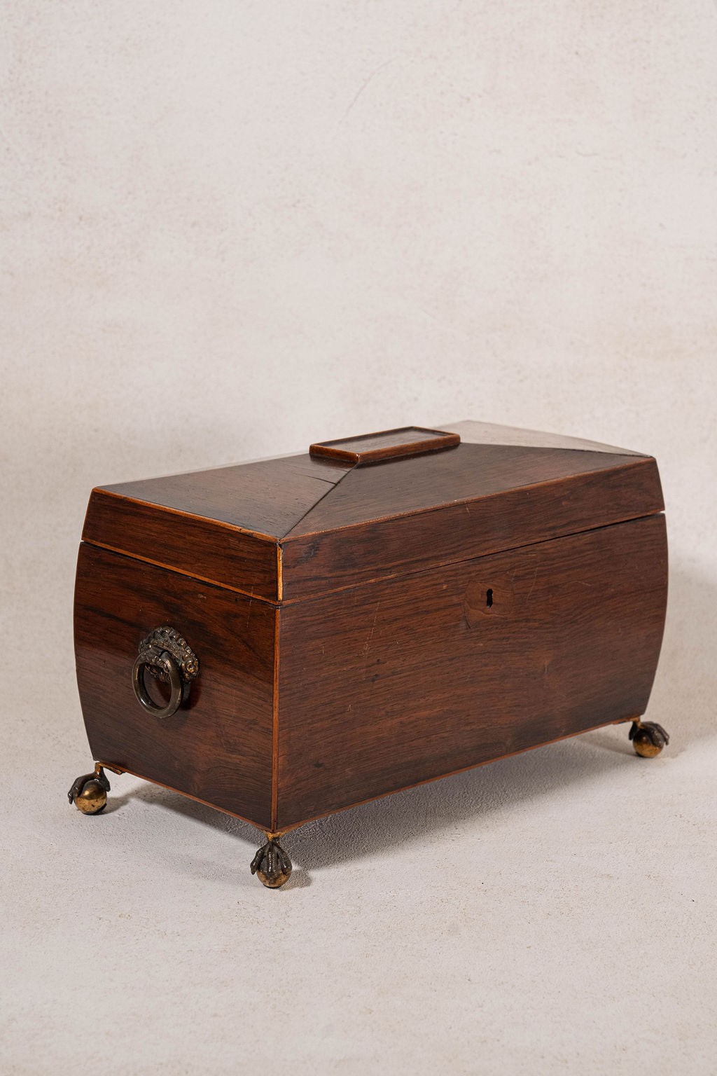 Georgian Rosewood Tea Caddy With Brass Handles + Brass Claw Feet | Original Fittings + Green Interior