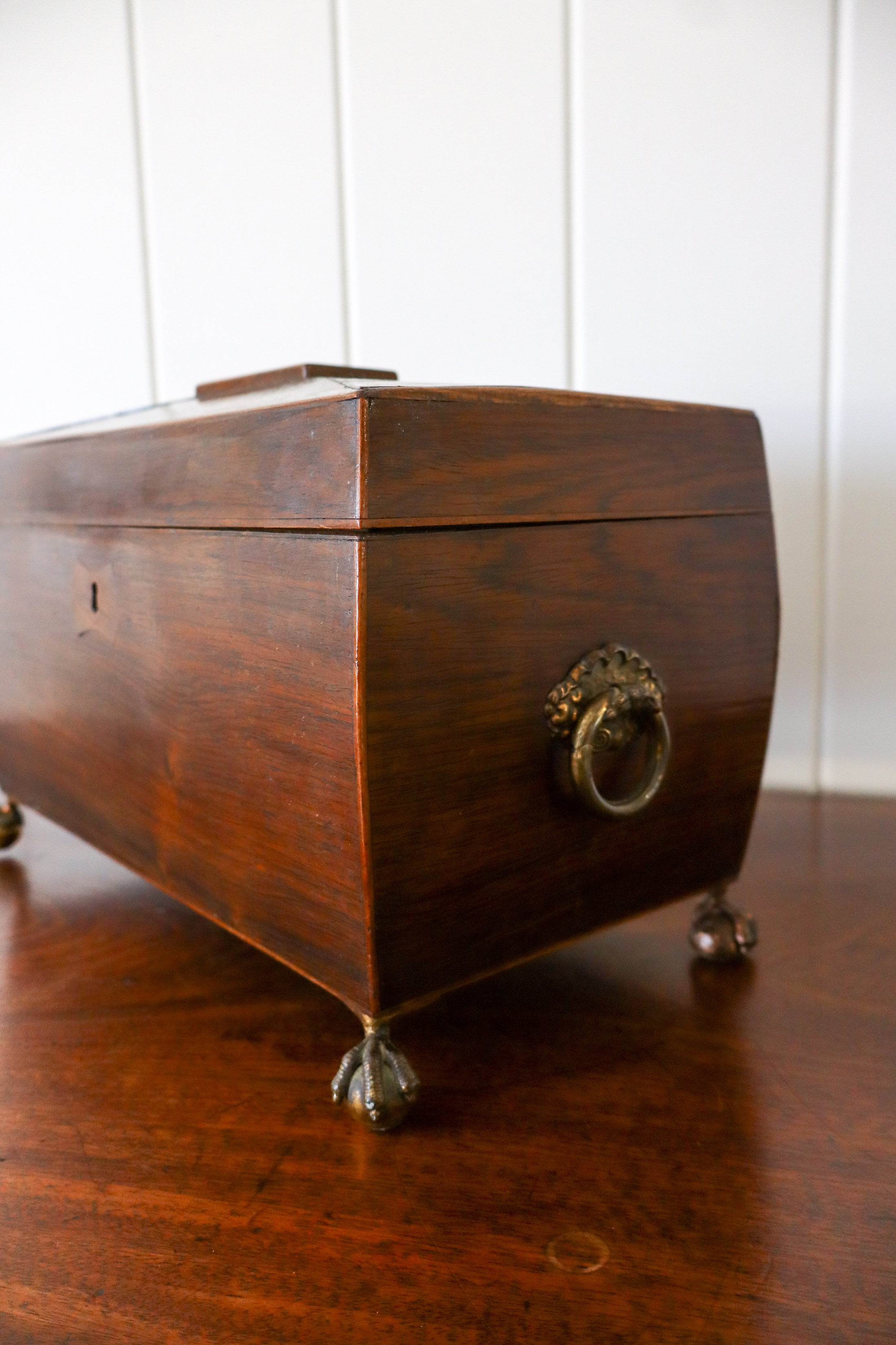 Georgian Rosewood Tea Caddy With Brass Handles + Brass Claw Feet | Original Fittings + Green Interior