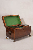 Load image into Gallery viewer, Georgian Rosewood Tea Caddy With Brass Handles + Brass Claw Feet | Original Fittings + Green Interior
