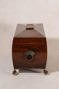 Load image into Gallery viewer, Georgian Rosewood Tea Caddy With Brass Handles + Brass Claw Feet | Original Fittings + Green Interior
