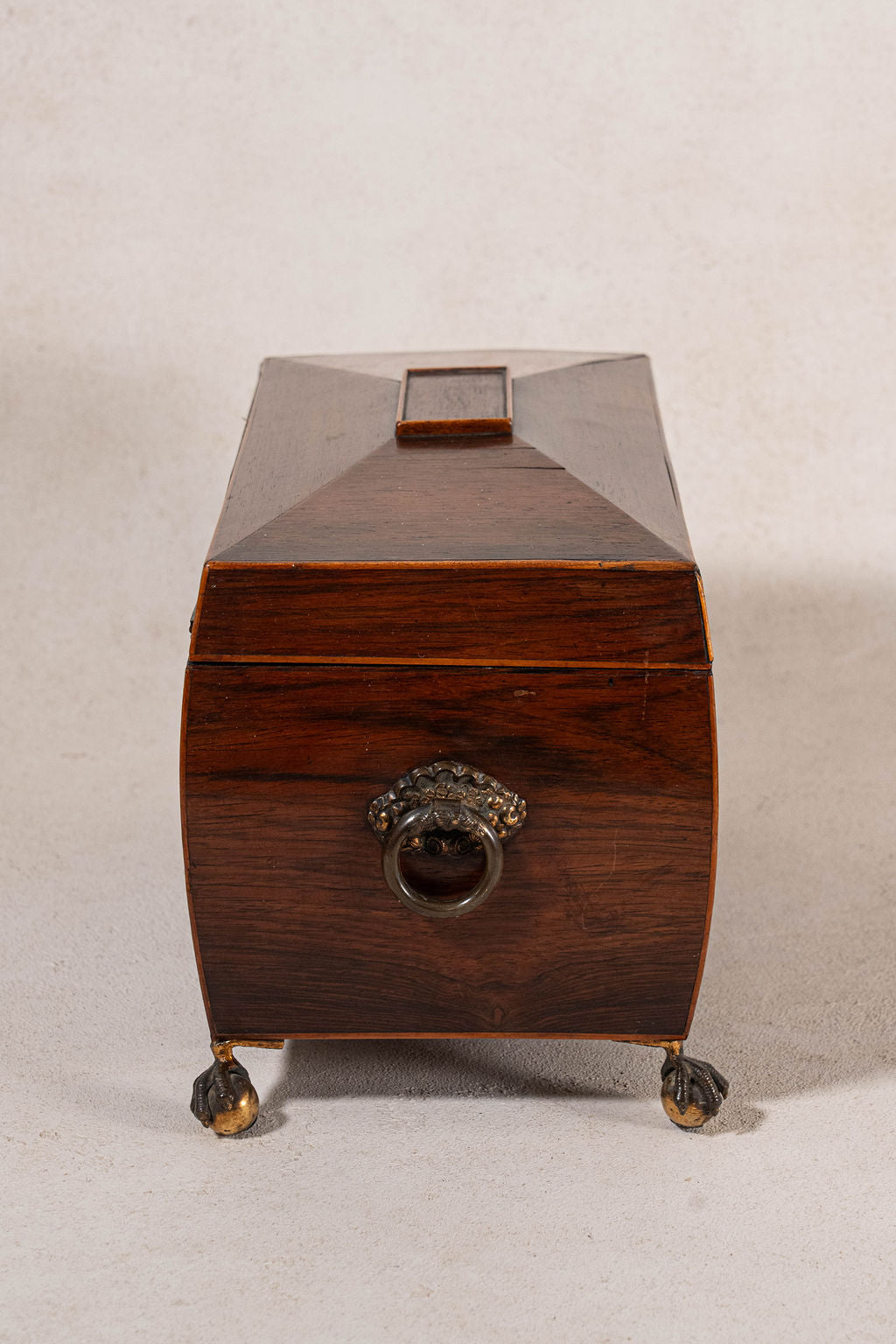 Georgian Rosewood Tea Caddy With Brass Handles + Brass Claw Feet | Original Fittings + Green Interior