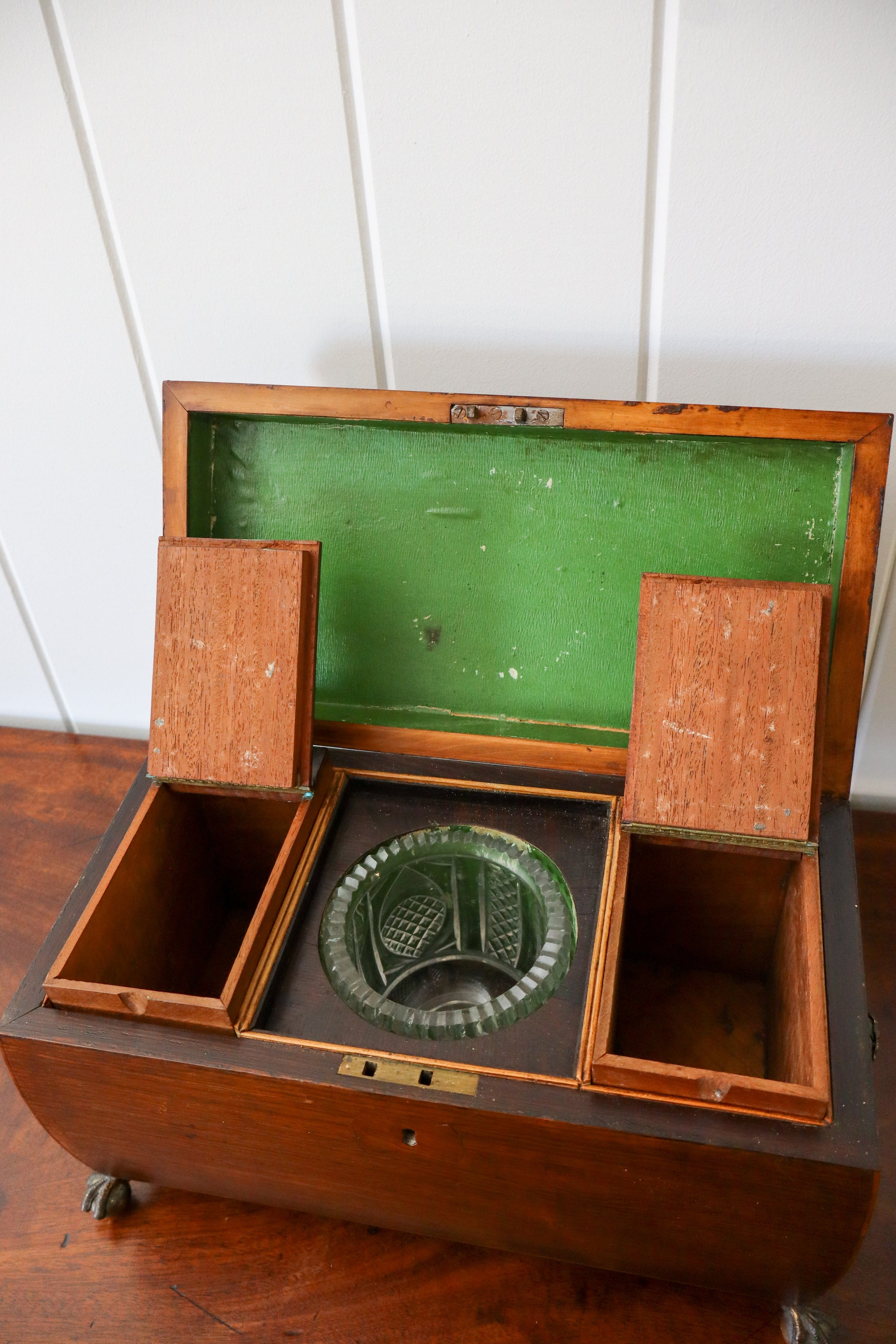 Georgian Rosewood Tea Caddy With Brass Handles + Brass Claw Feet | Original Fittings + Green Interior