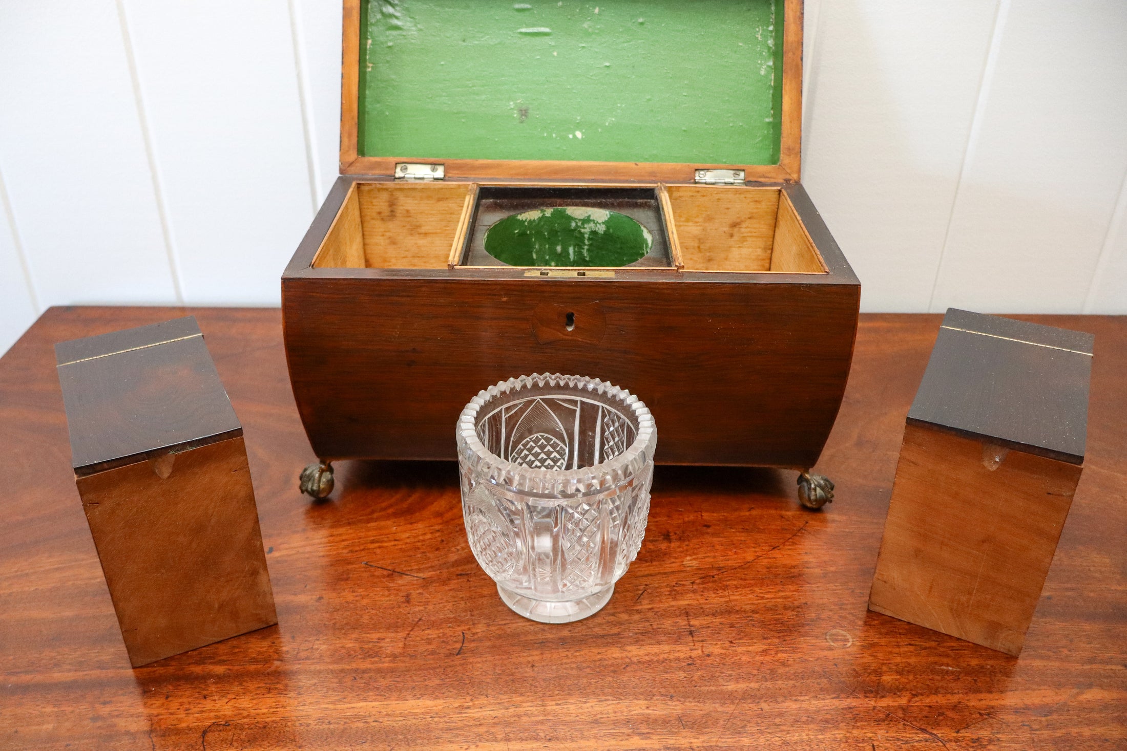 Georgian Rosewood Tea Caddy With Brass Handles + Brass Claw Feet | Original Fittings + Green Interior