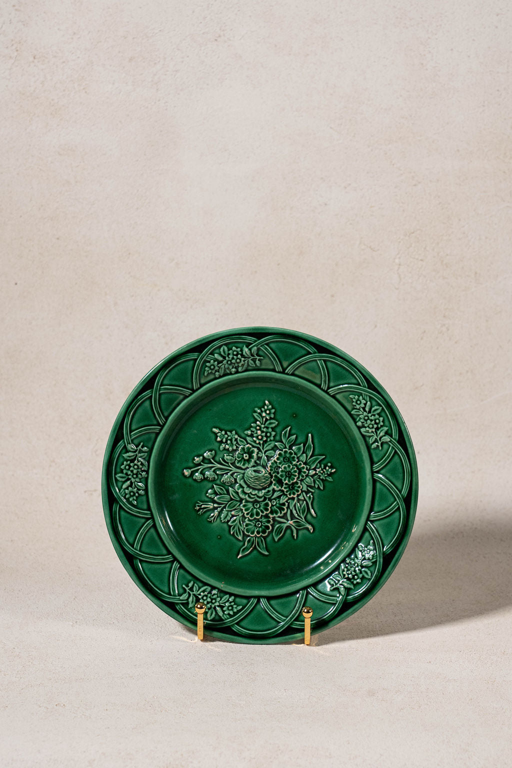 Antique Green Majolica Plate with Scalloped Basketweave + Floral Rim (c. 1870)
