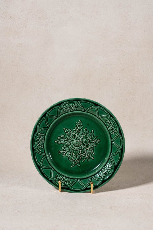Antique Green Majolica Plate with Scalloped Basketweave + Floral Rim (c. 1870)