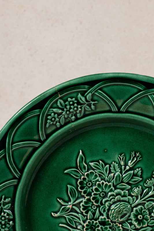 Antique Green Majolica Plate with Scalloped Basketweave + Floral Rim (c. 1870)