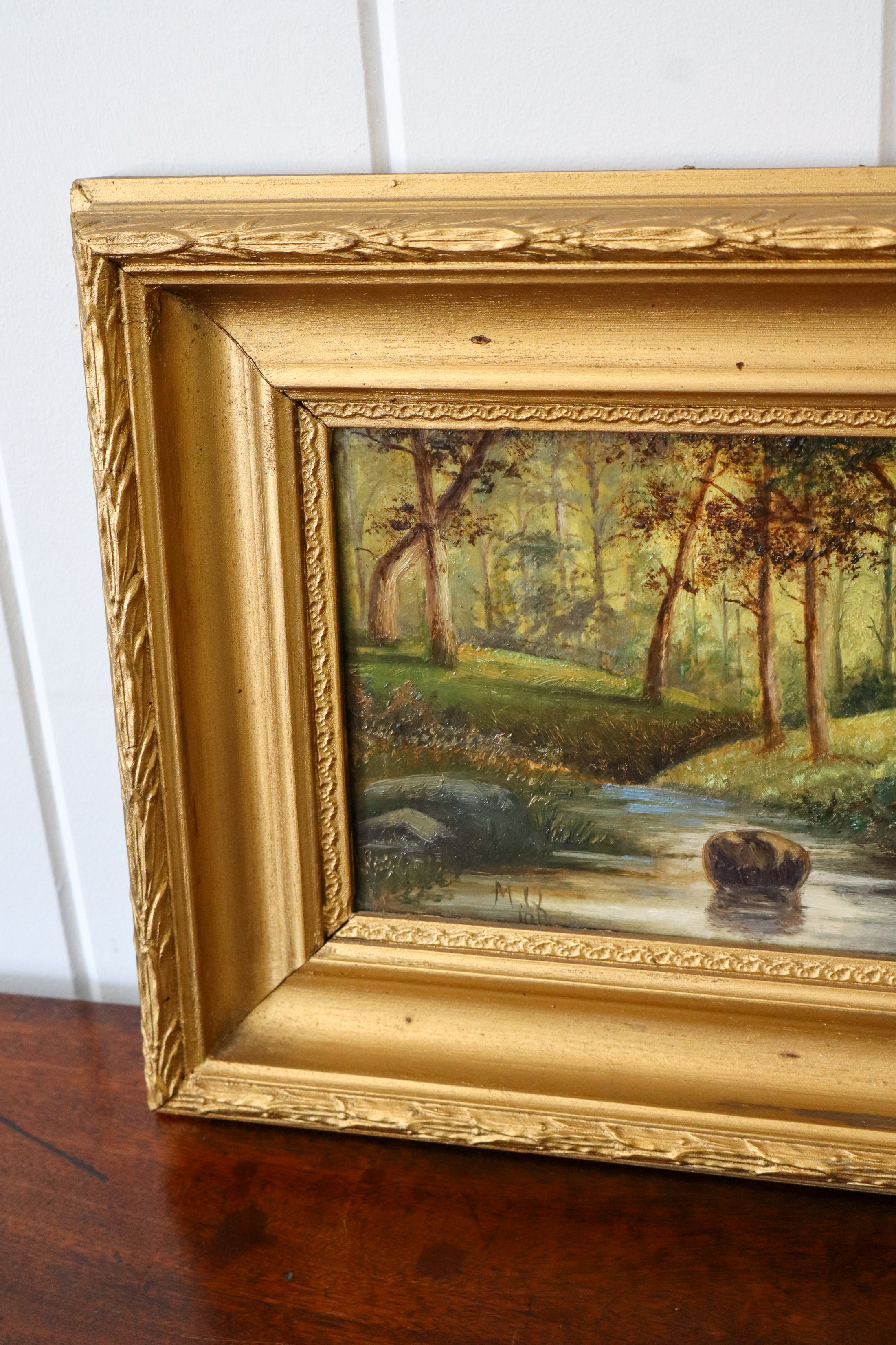 Signed Original Oil On Canvas by M. Quilter (British), Dated 1914 “Woodland Stream in Summer”