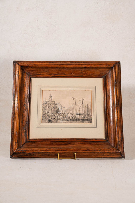 Original 19th Century Gouache + Watercolor Harbor Scene in Oak Frame