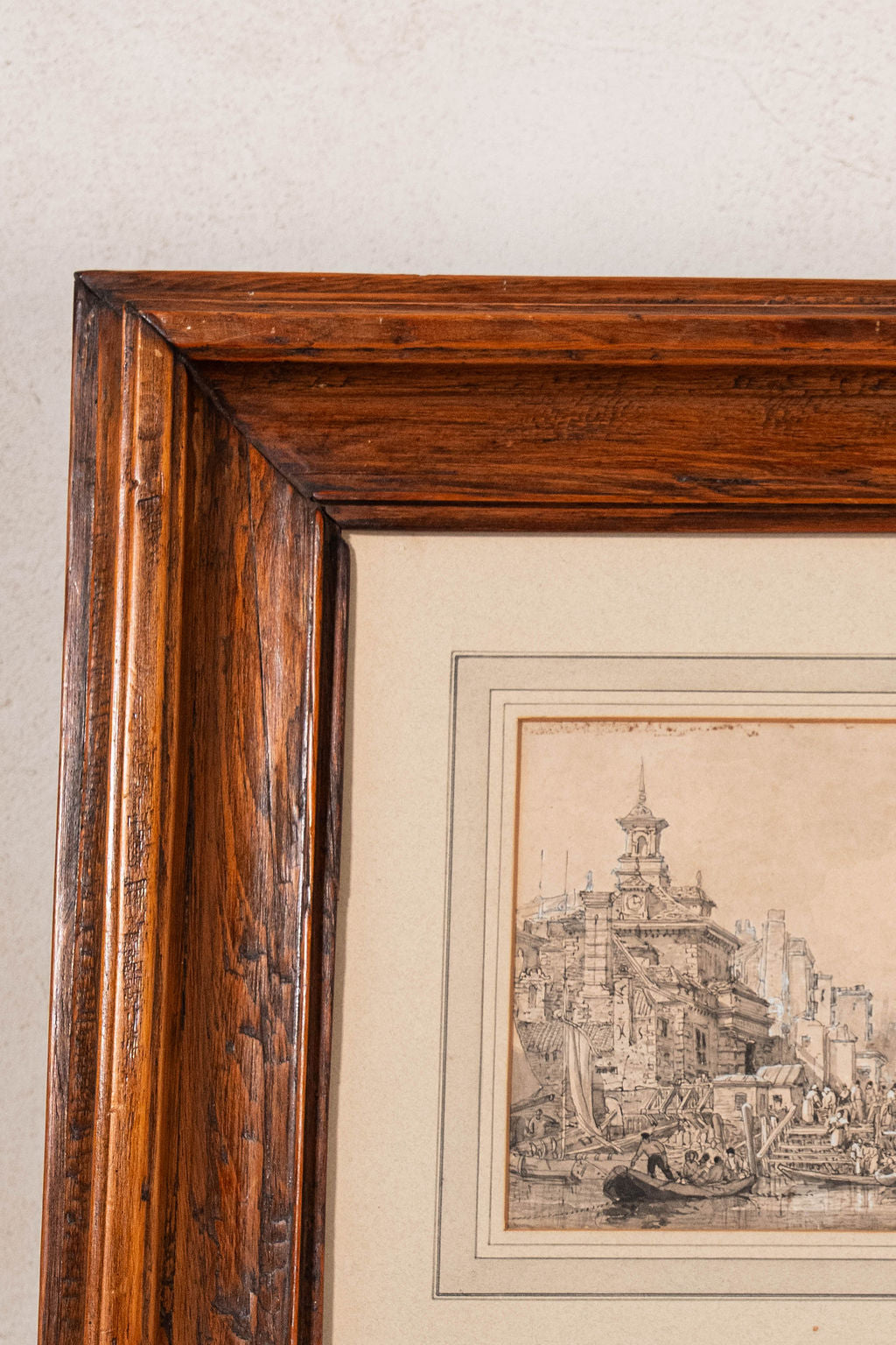 Original 19th Century Gouache + Watercolor Harbor Scene in Oak Frame