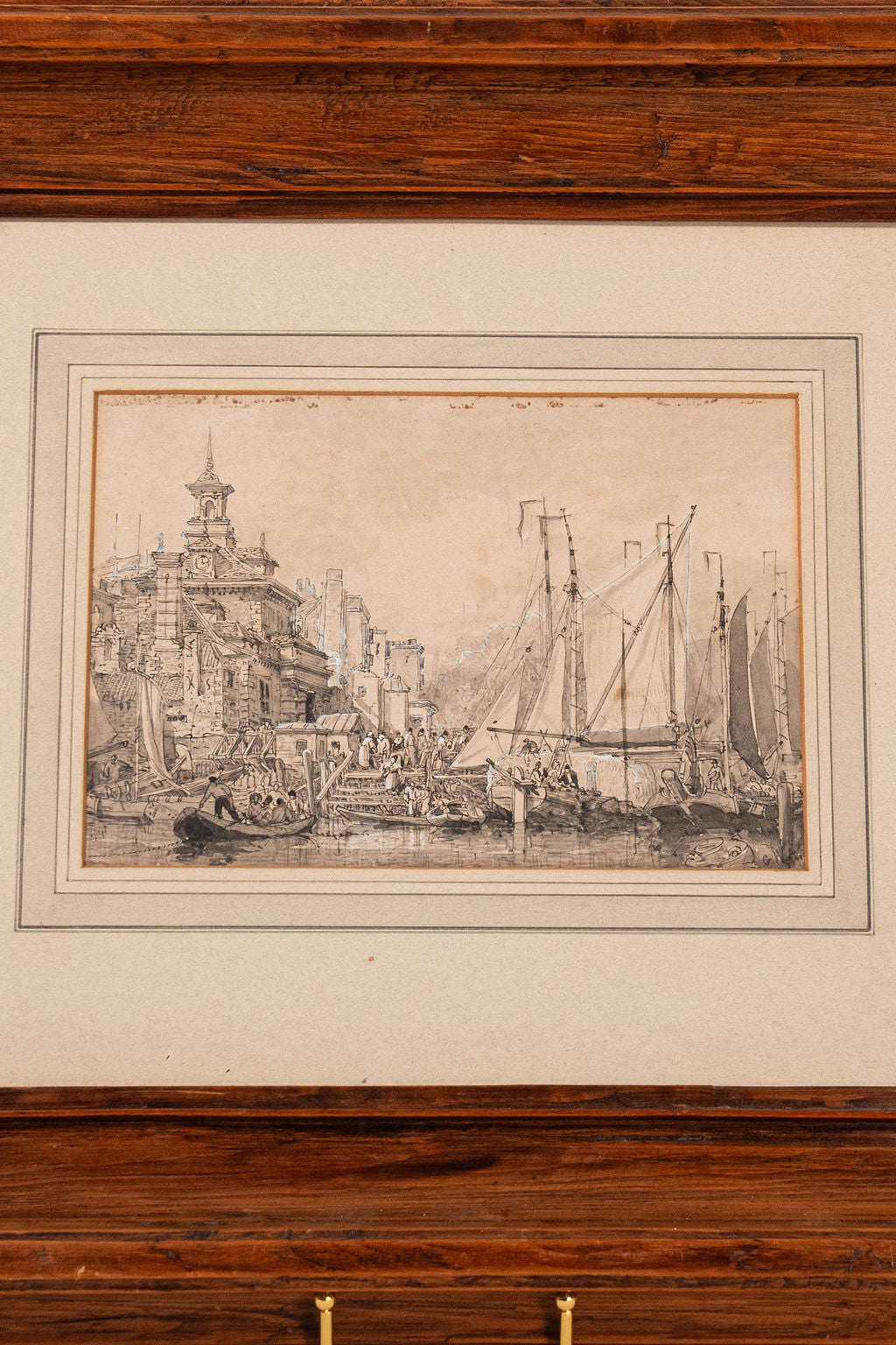 Original 19th Century Gouache + Watercolor Harbor Scene in Oak Frame