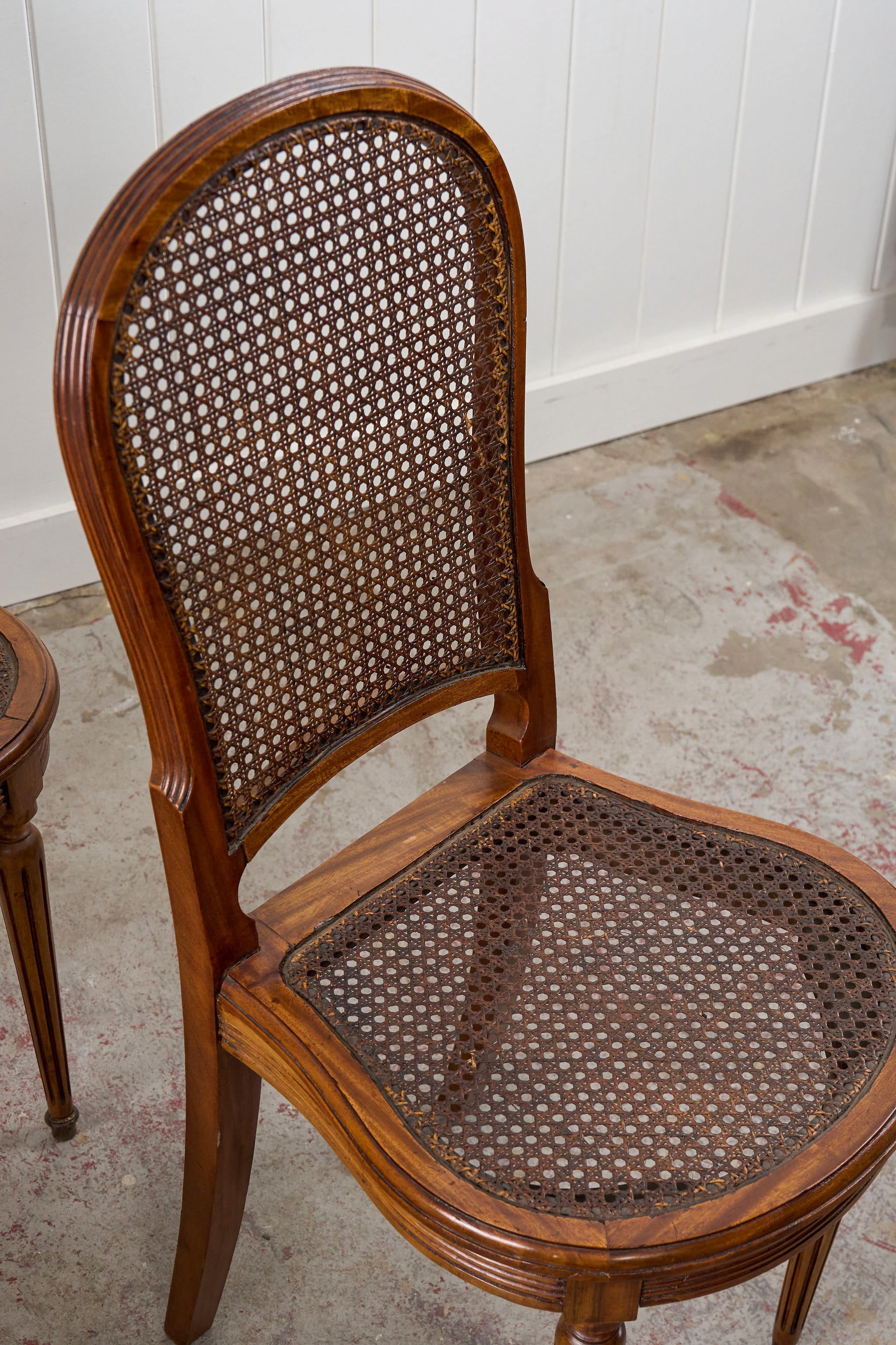SET of 6 | French Louis XVI Style Dining Chairs with Hand Caned Seats + Backs with Fluted Legs (c. 1920)