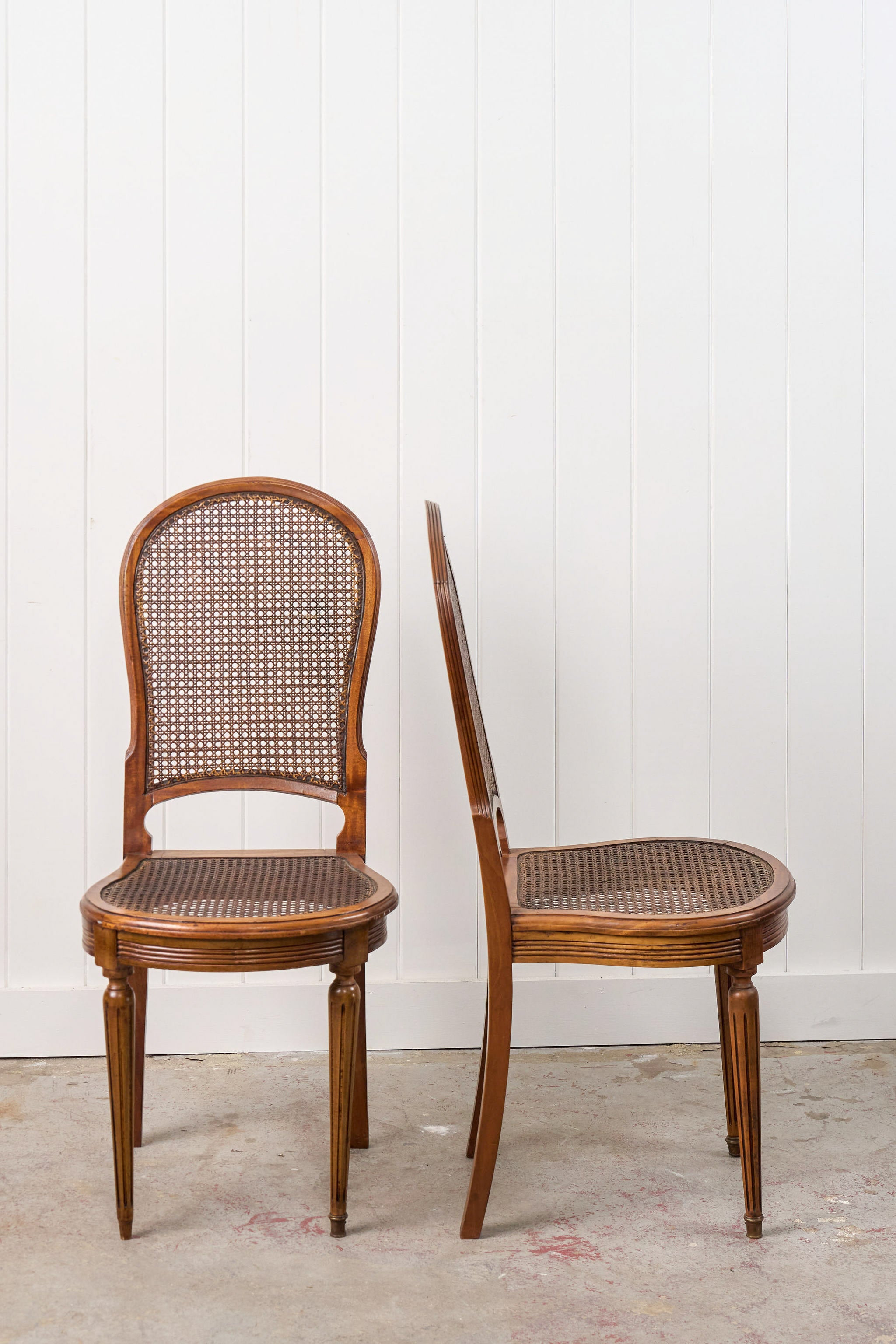 SET of 6 | French Louis XVI Style Dining Chairs with Hand Caned Seats + Backs with Fluted Legs (c. 1920)