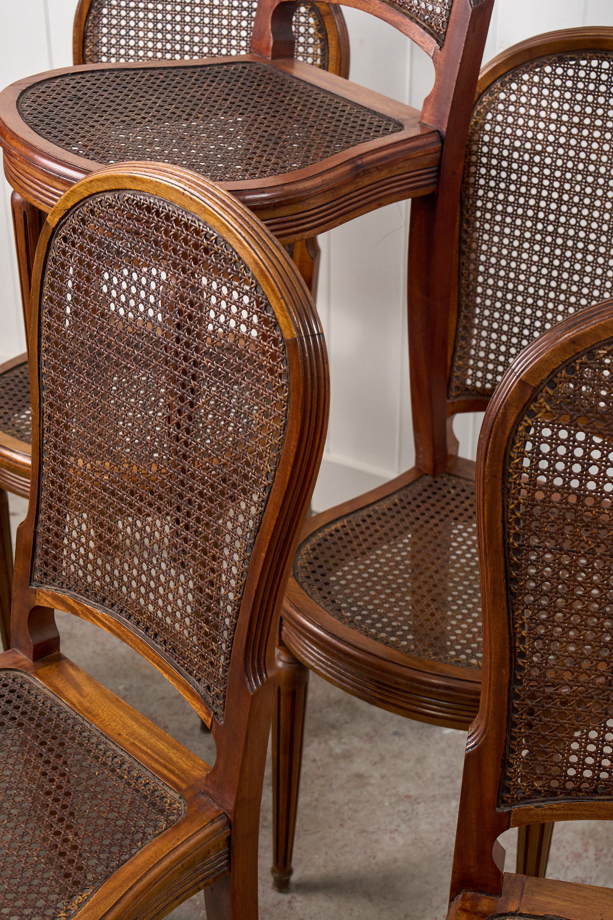 SET of 6 | French Louis XVI Style Dining Chairs with Hand Caned Seats + Backs with Fluted Legs (c. 1920)
