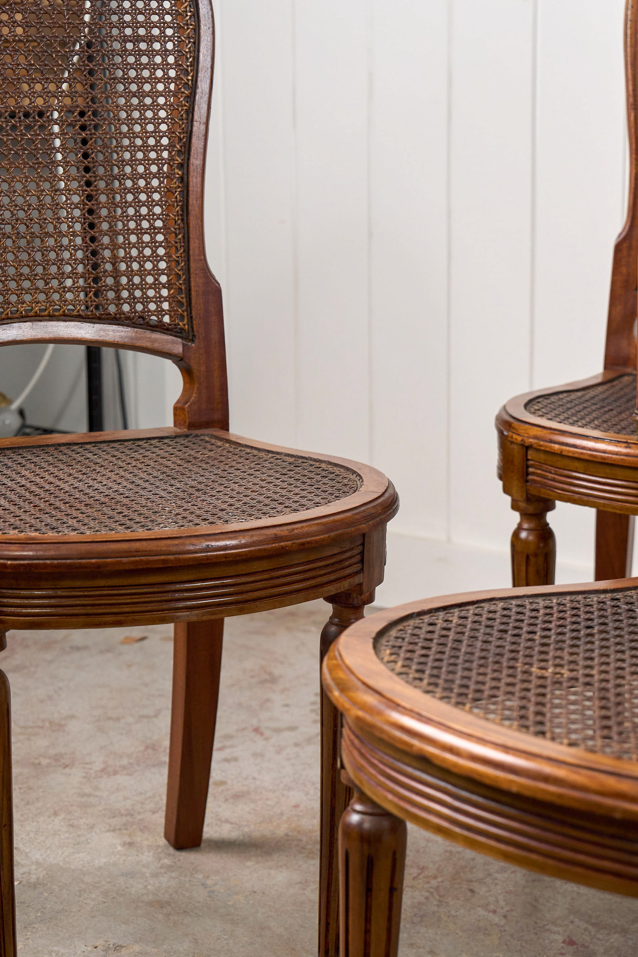 SET of 6 | French Louis XVI Style Dining Chairs with Hand Caned Seats + Backs with Fluted Legs (c. 1920)