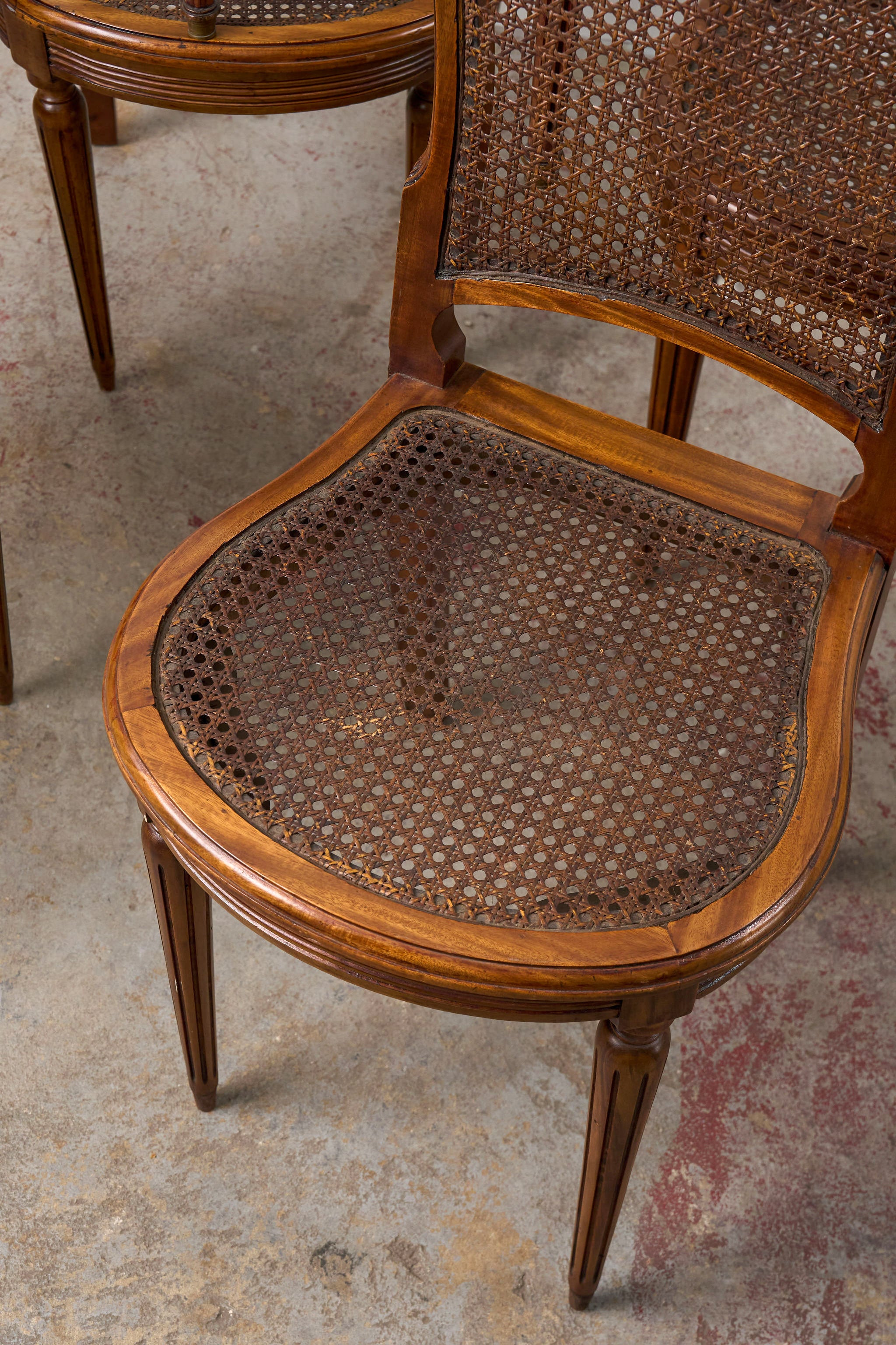SET of 6 | French Louis XVI Style Dining Chairs with Hand Caned Seats + Backs with Fluted Legs (c. 1920)