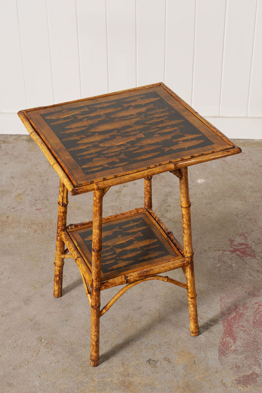 19th Century Two-Tier Bamboo Table With Fish Decoupage