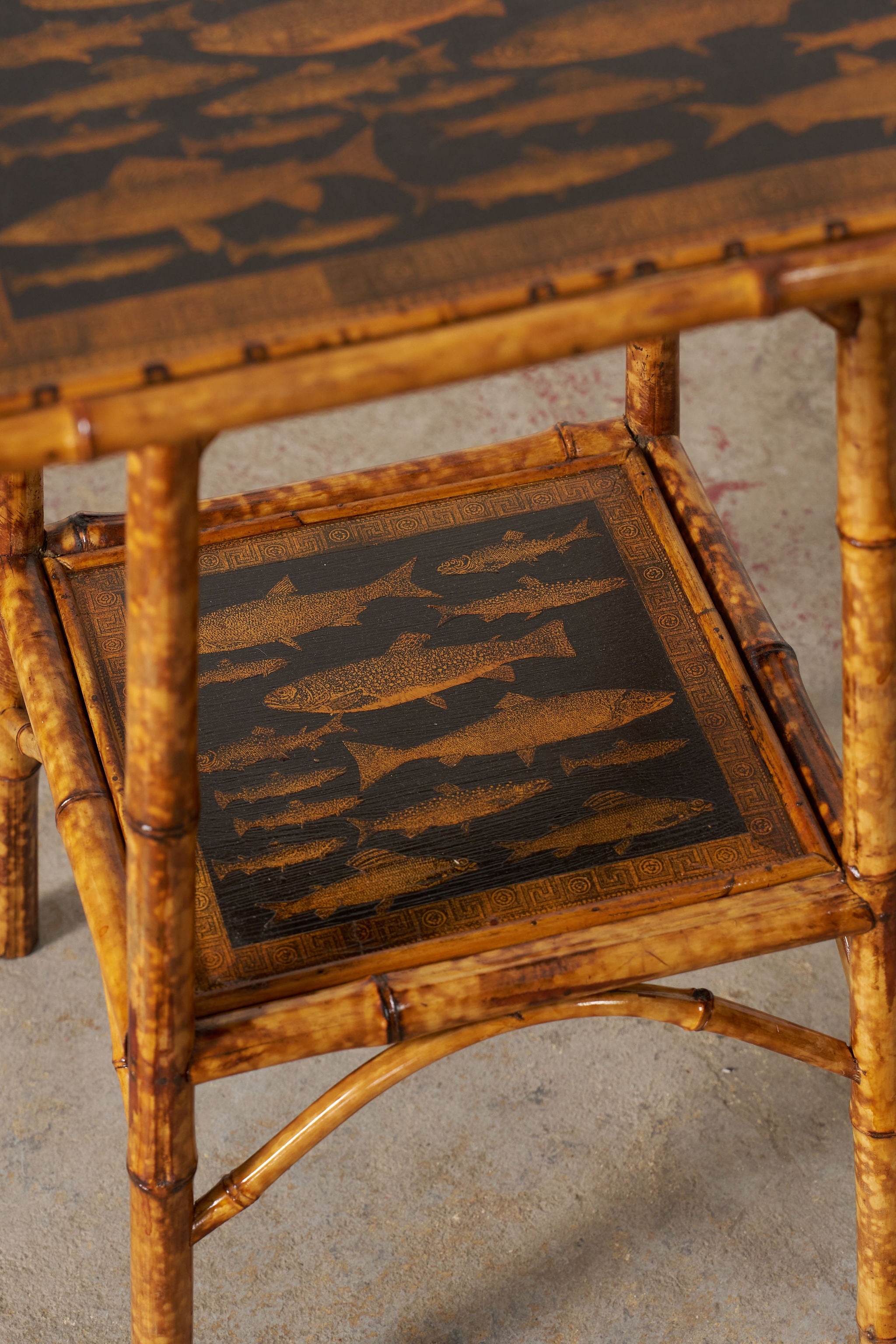 19th Century Two-Tier Bamboo Table With Fish Decoupage