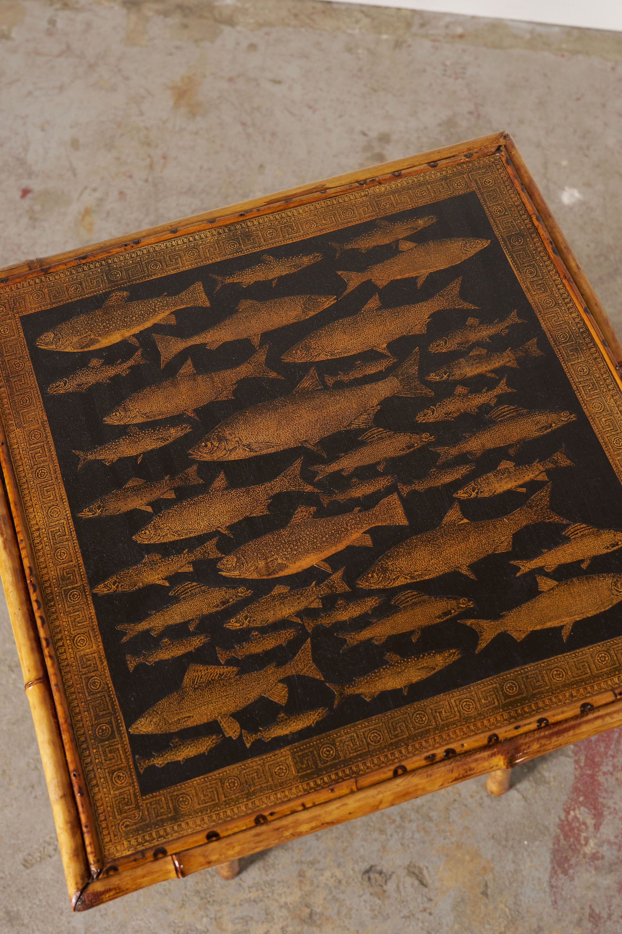 19th Century Two-Tier Bamboo Table With Fish Decoupage