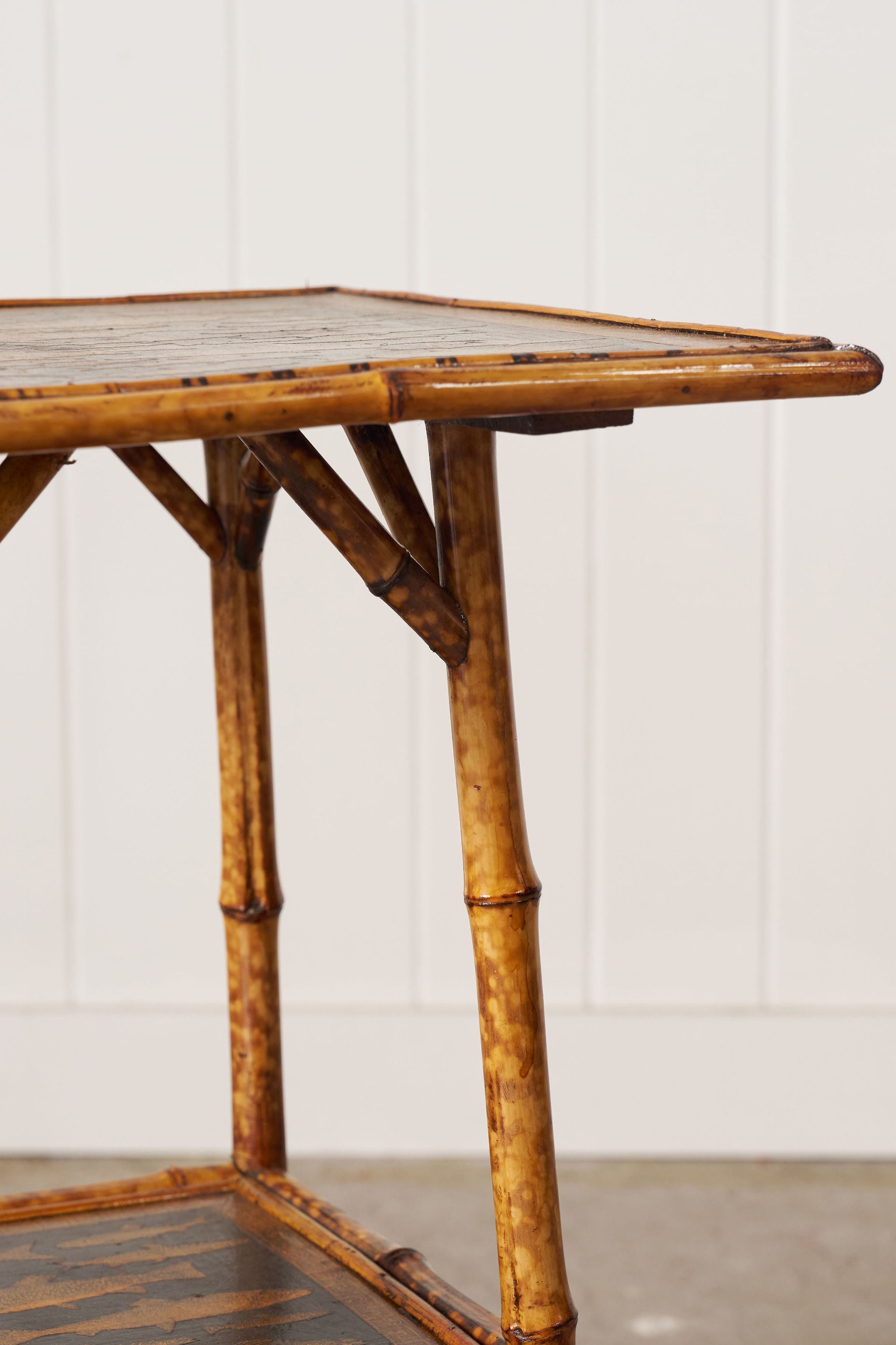 19th Century Two-Tier Bamboo Table With Fish Decoupage