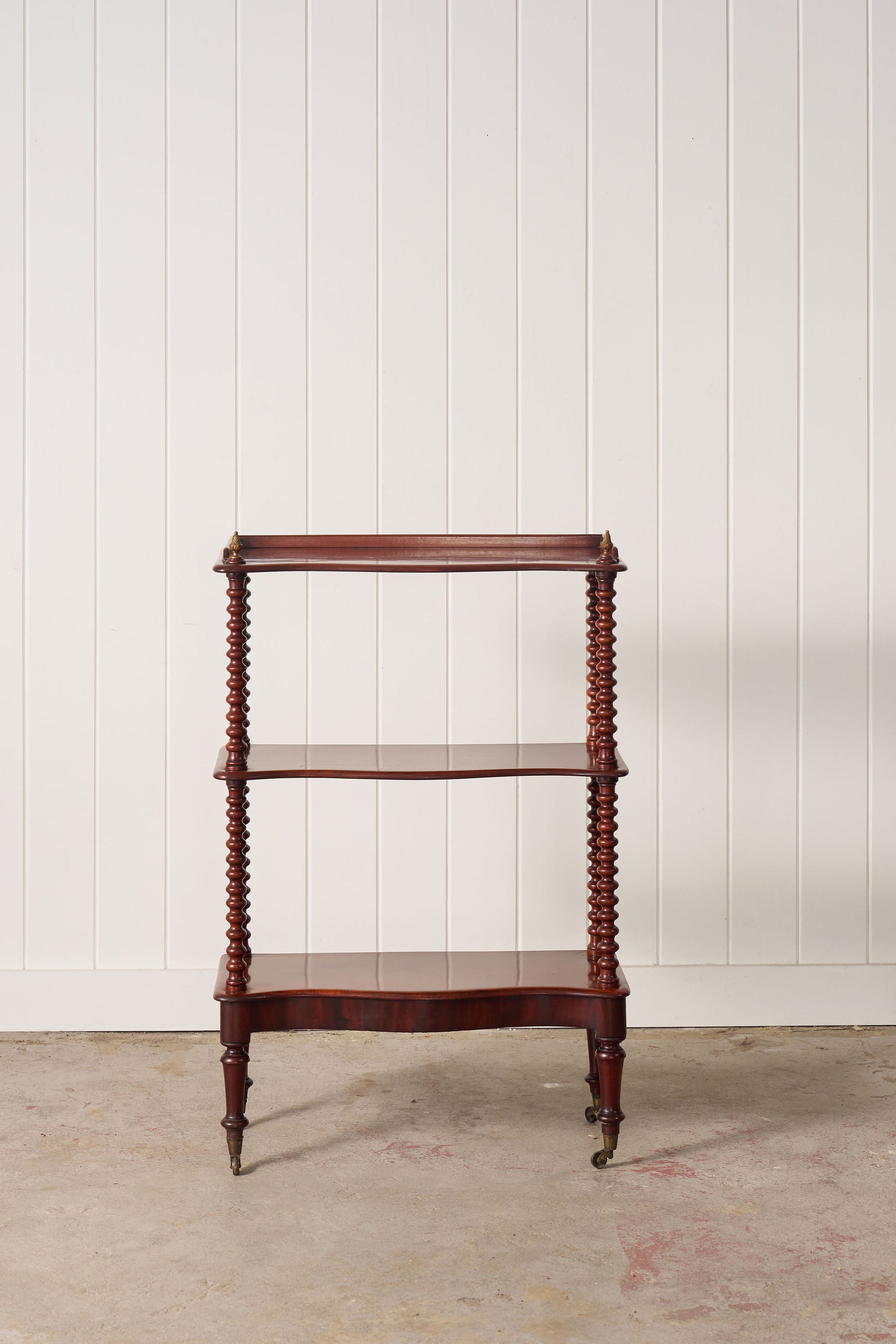 Victorian Mahogany 3-Tier Whatnot With Bobbin Legs On Casters