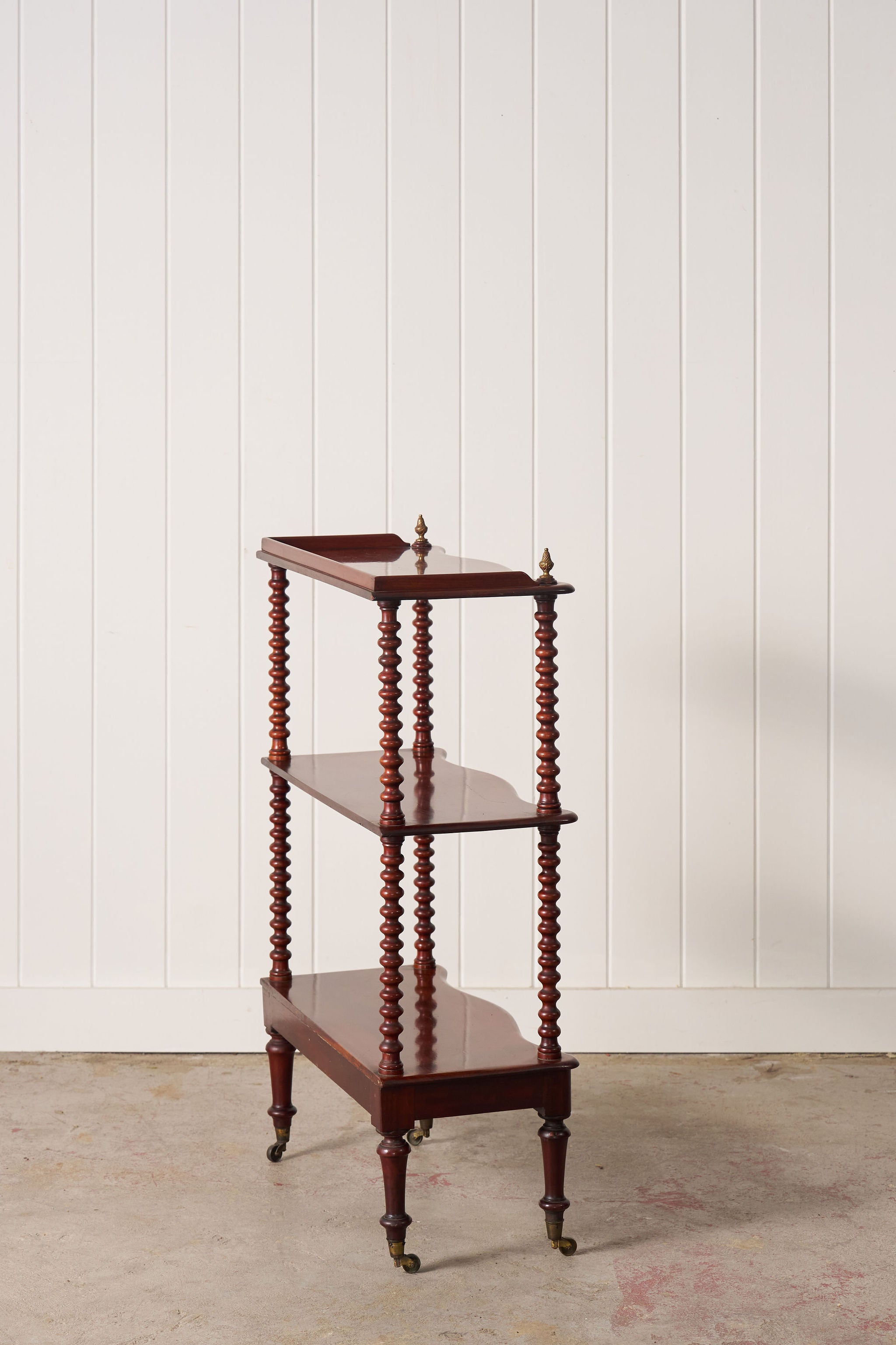 Victorian Mahogany 3-Tier Whatnot With Bobbin Legs On Casters