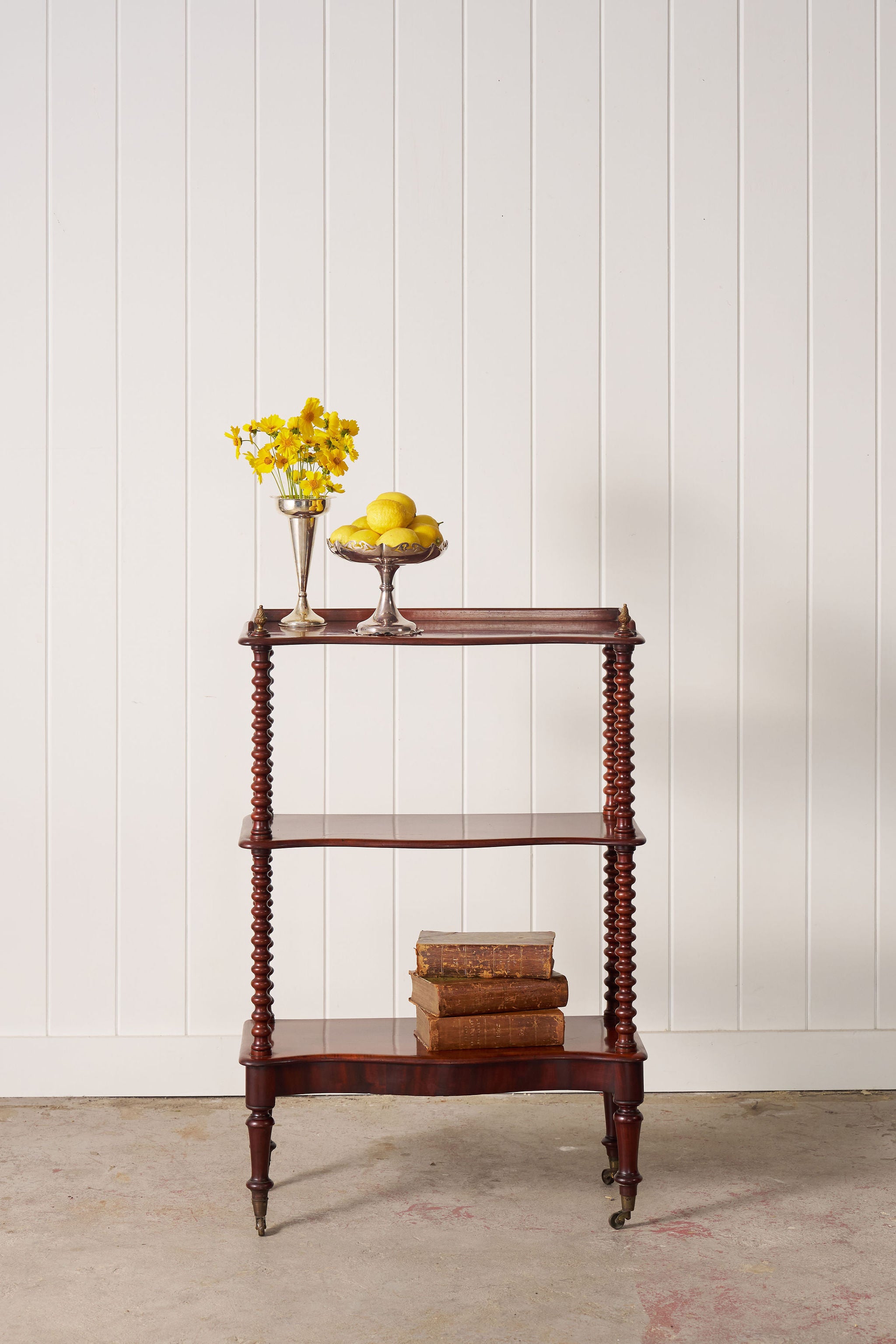 Victorian Mahogany 3-Tier Whatnot With Bobbin Legs On Casters