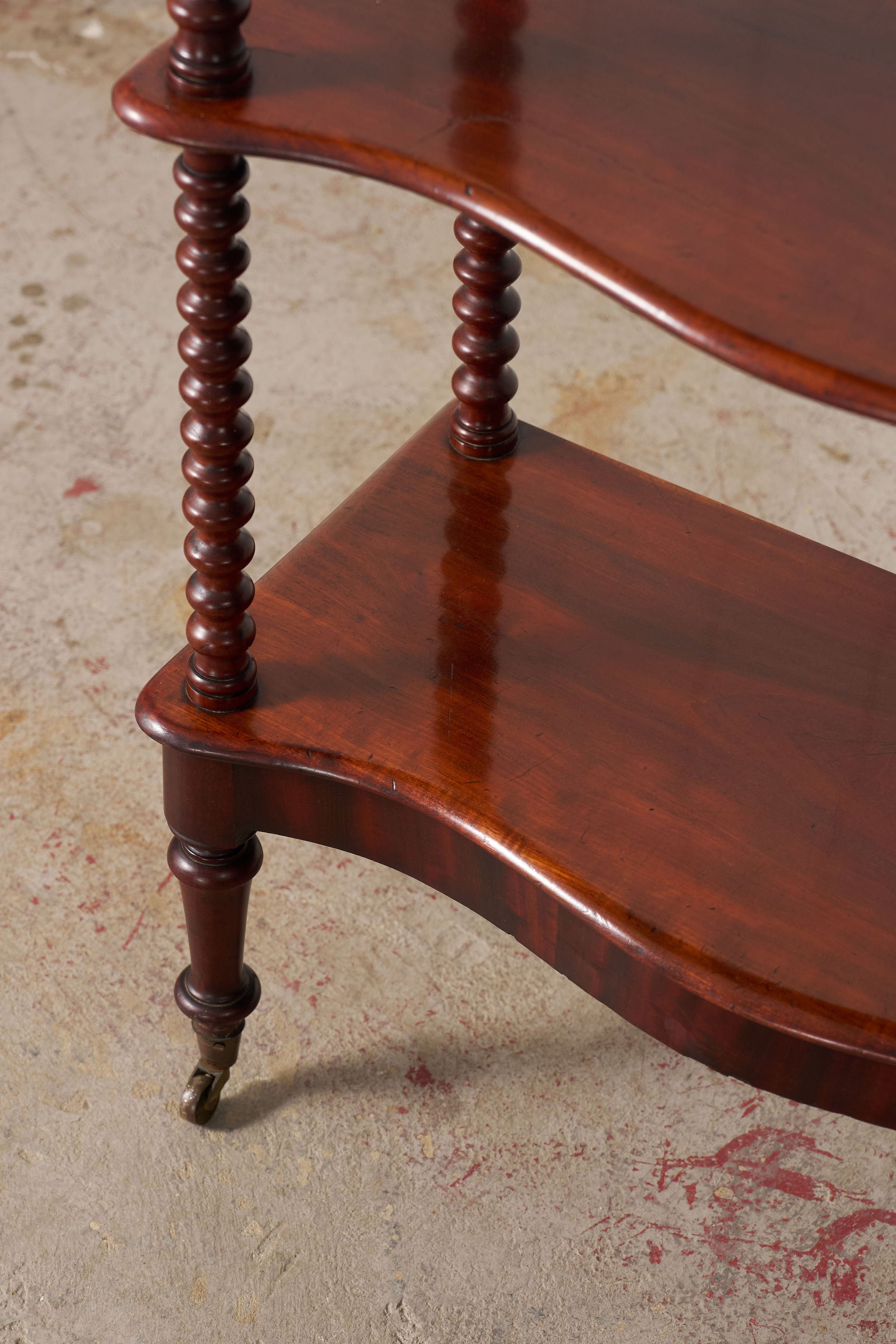 Victorian Mahogany 3-Tier Whatnot With Bobbin Legs On Casters