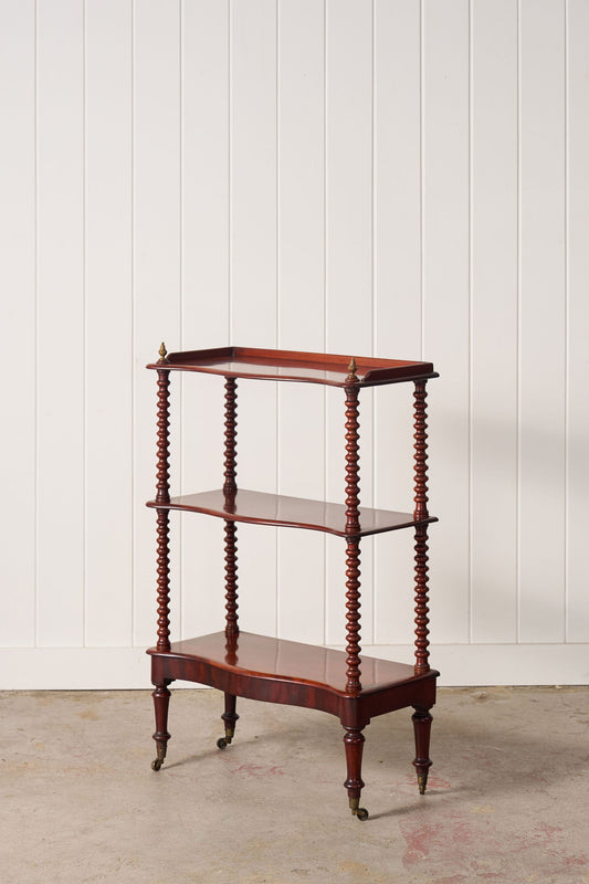 Victorian Mahogany 3-Tier Whatnot With Bobbin Legs On Casters